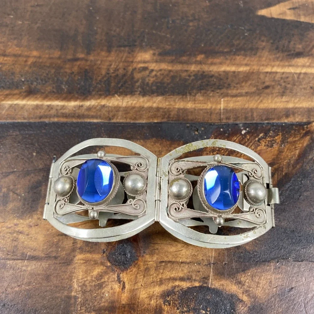 Vintage MEXICO WIDE Silver Sterling  Bracelet‎ Blue ENGRAVED Stones .925